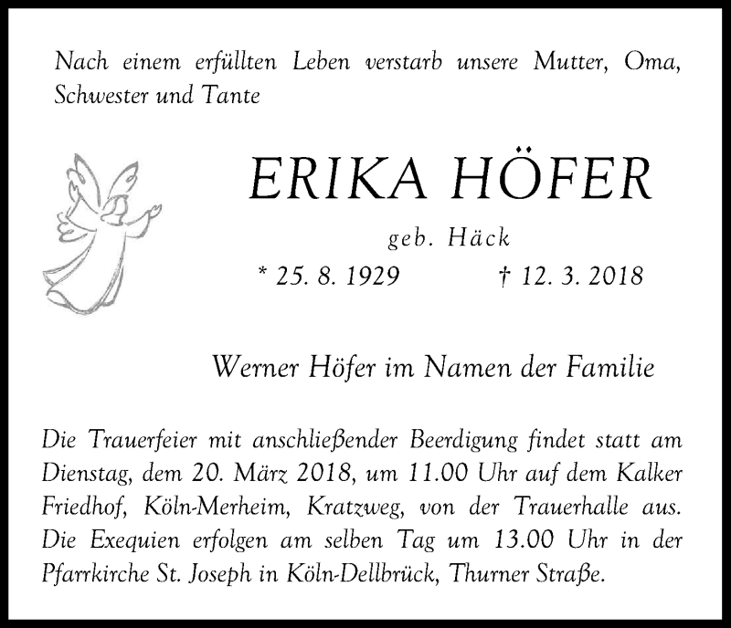 Traueranzeige für Erika Höfer vom 20.03.2018 aus Kölner Stadt-Anzeiger / Kölnische Rundschau / Express