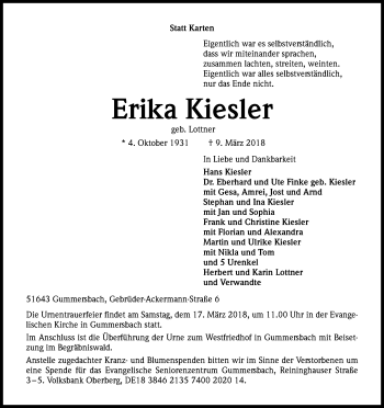 Anzeige von Erika Kiesler von Kölner Stadt-Anzeiger / Kölnische Rundschau / Express