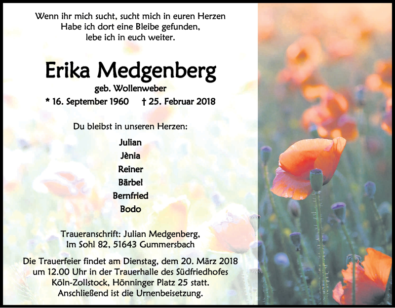  Traueranzeige für Erika Medgenberg vom 10.03.2018 aus Kölner Stadt-Anzeiger / Kölnische Rundschau / Express