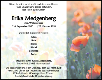 Anzeige von Erika Medgenberg von Kölner Stadt-Anzeiger / Kölnische Rundschau / Express