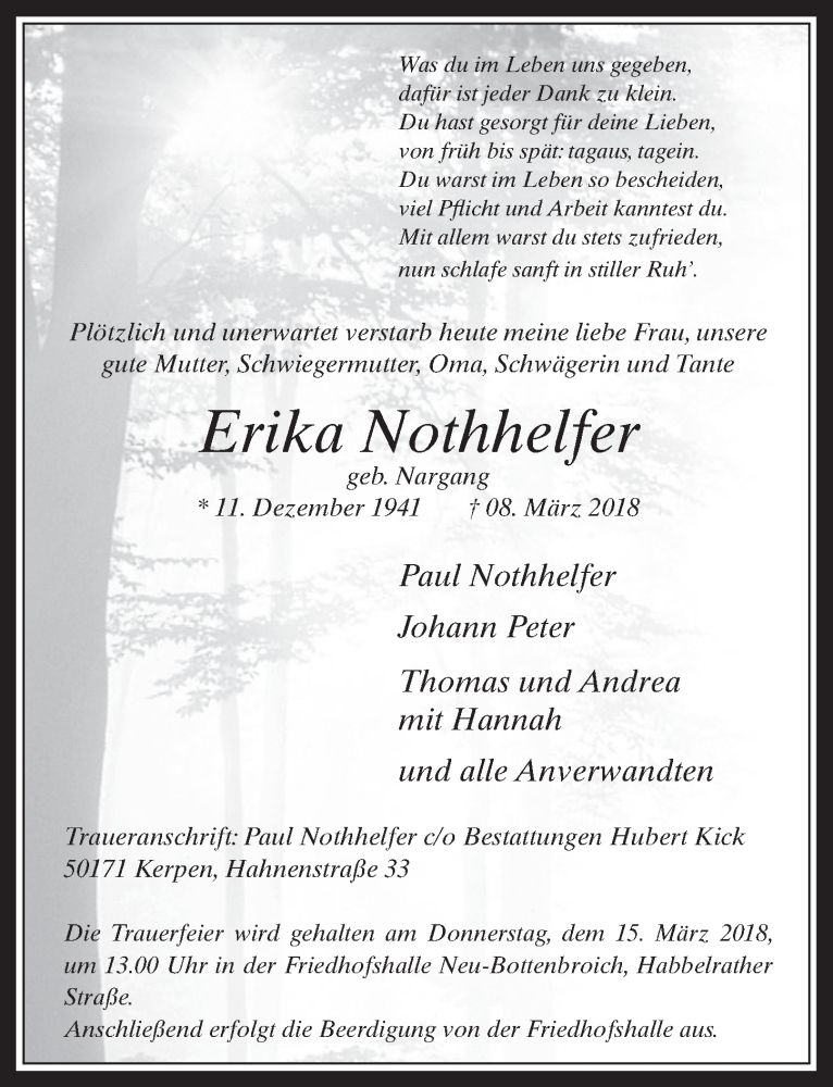  Traueranzeige für Erika Nothhelfer vom 14.03.2018 aus  Werbepost 