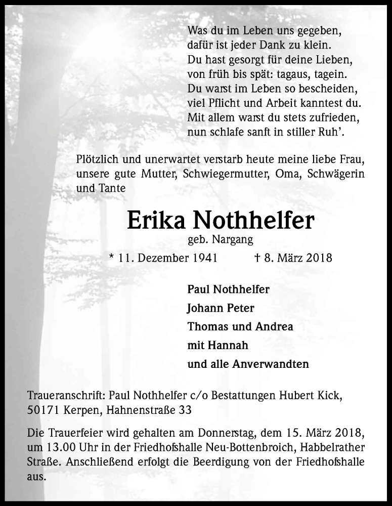  Traueranzeige für Erika Nothhelfer vom 13.03.2018 aus Kölner Stadt-Anzeiger / Kölnische Rundschau / Express