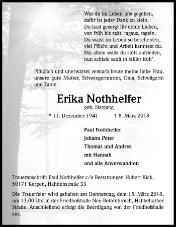 Anzeige von Erika Nothhelfer von Kölner Stadt-Anzeiger / Kölnische Rundschau / Express