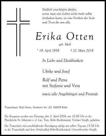 Anzeige von Erika Otten von Kölner Stadt-Anzeiger / Kölnische Rundschau / Express