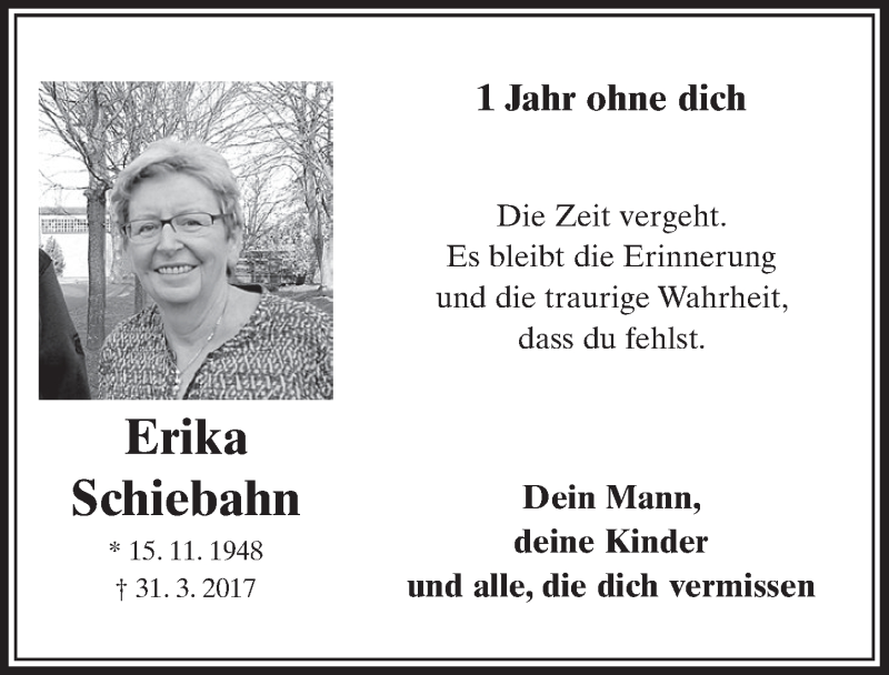  Traueranzeige für Erika Schiebahn vom 28.03.2018 aus  Schlossbote/Werbekurier 