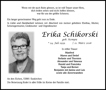 Anzeige von Erika Schikorski von Kölner Stadt-Anzeiger / Kölnische Rundschau / Express
