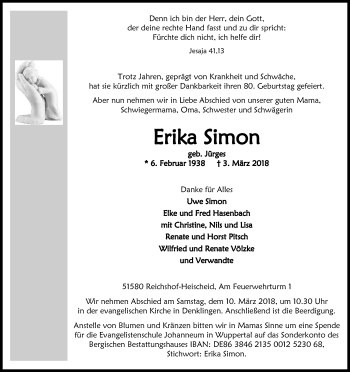 Anzeige von Erika Simon von Kölner Stadt-Anzeiger / Kölnische Rundschau / Express