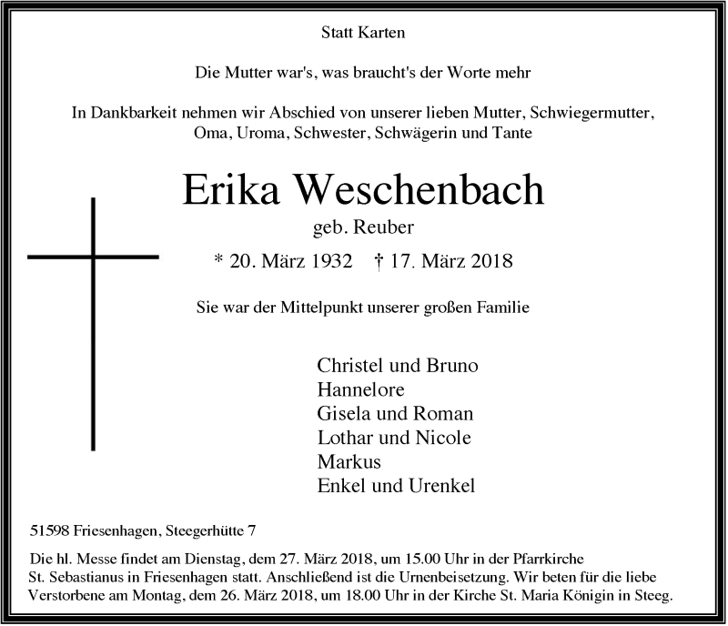  Traueranzeige für Erika Weschenbach vom 21.03.2018 aus  Lokalanzeiger 