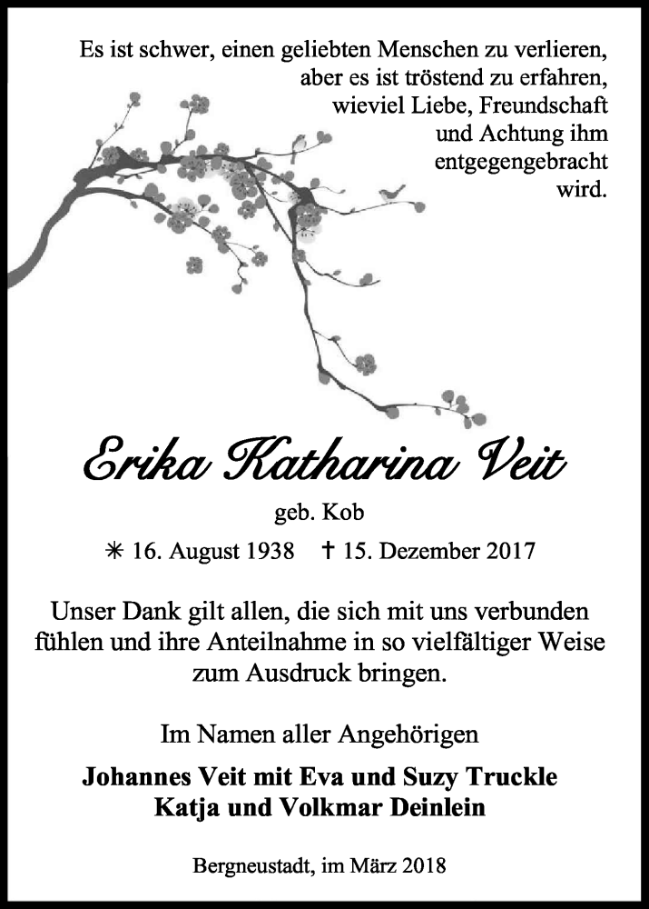 Traueranzeige für Erika Katharina Veit vom 03.03.2018 aus Kölner Stadt-Anzeiger / Kölnische Rundschau / Express