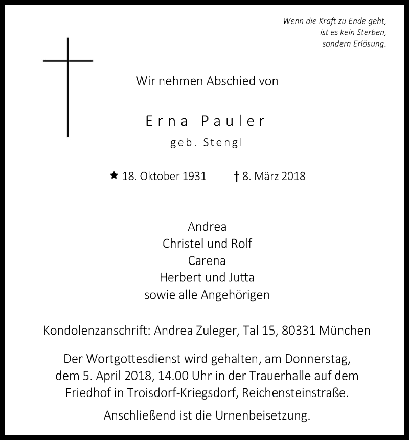  Traueranzeige für Erna Pauler vom 24.03.2018 aus Kölner Stadt-Anzeiger / Kölnische Rundschau / Express