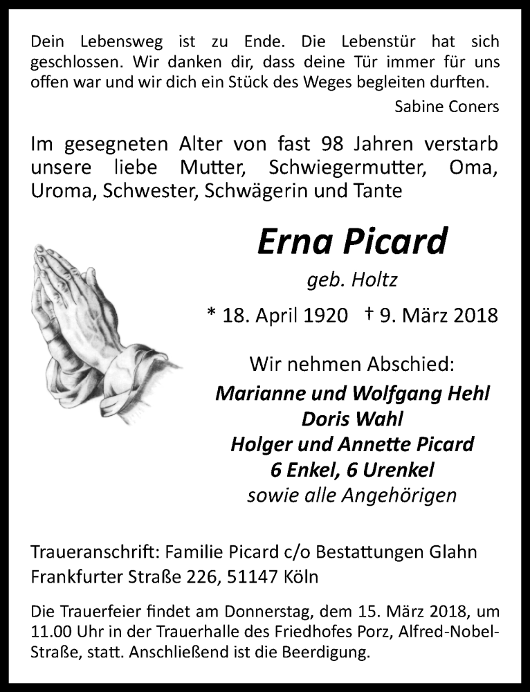  Traueranzeige für Erna Picard vom 14.03.2018 aus  Kölner Wochenspiegel 