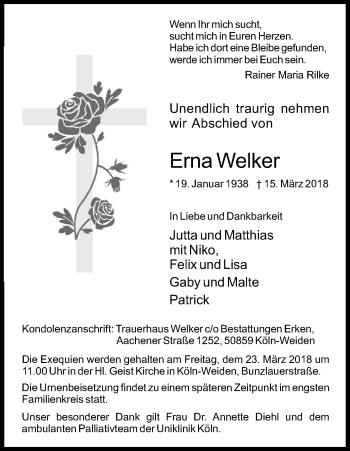 Anzeige von Erna Welker von Kölner Stadt-Anzeiger / Kölnische Rundschau / Express