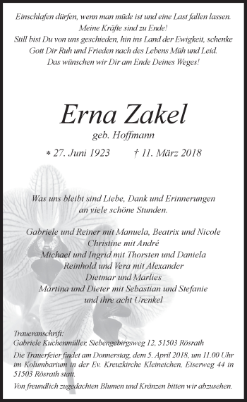 Anzeige von Erna Zakel von  Bergisches Handelsblatt 