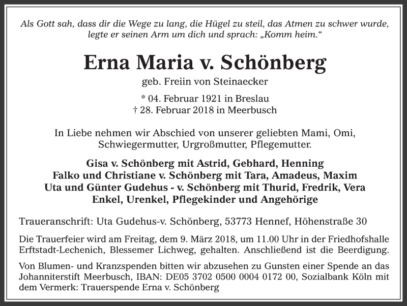 Traueranzeige für Erna Maria v. Schönberg vom 07.03.2018 aus  Werbepost 