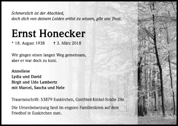 Anzeige von Ernst Honecker von Kölner Stadt-Anzeiger / Kölnische Rundschau / Express