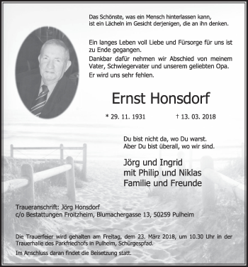 Anzeige von Ernst Honsdorf von  Sonntags-Post 