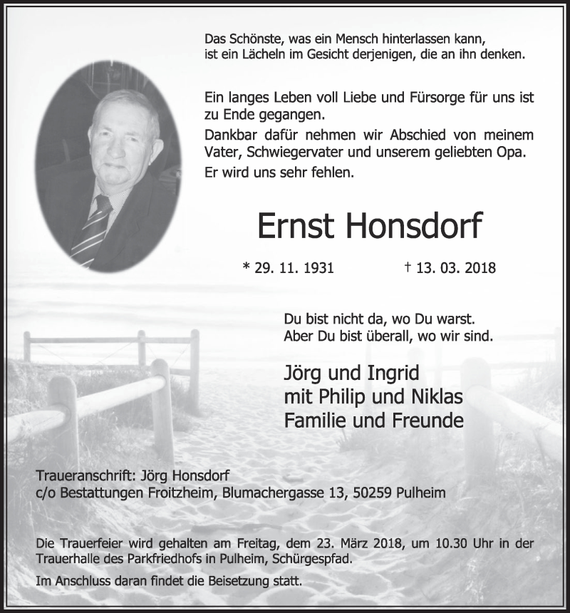  Traueranzeige für Ernst Honsdorf vom 17.03.2018 aus  Sonntags-Post 