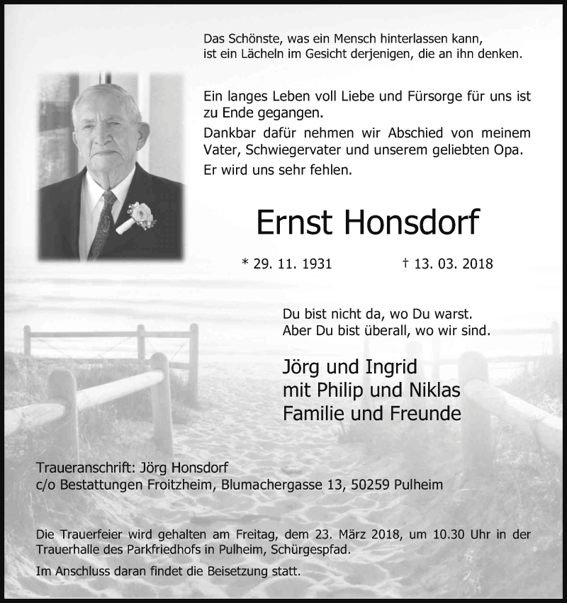  Traueranzeige für Ernst Honsdorf vom 17.03.2018 aus Kölner Stadt-Anzeiger / Kölnische Rundschau / Express