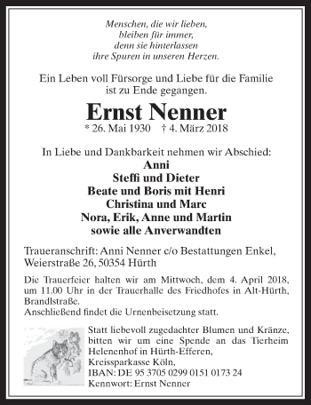 Anzeige von Ernst Nenner von  Wochenende 