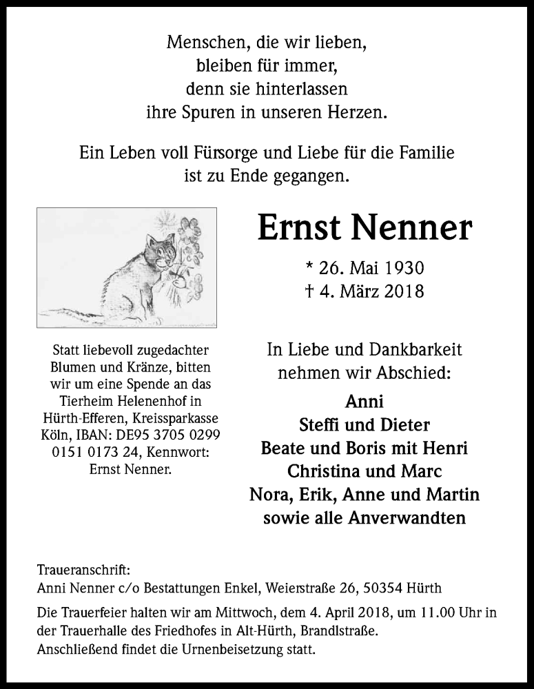  Traueranzeige für Ernst Nenner vom 17.03.2018 aus Kölner Stadt-Anzeiger / Kölnische Rundschau / Express