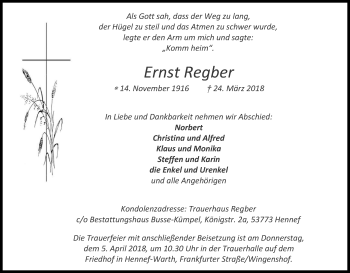 Anzeige von Ernst Regber von Kölner Stadt-Anzeiger / Kölnische Rundschau / Express