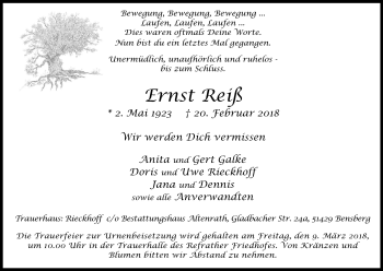 Anzeige von Ernst Reiß von Kölner Stadt-Anzeiger / Kölnische Rundschau / Express