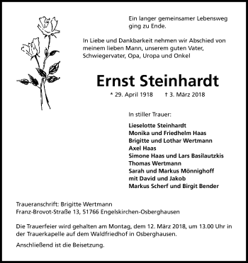 Anzeige von Ernst Steinhardt von Kölner Stadt-Anzeiger / Kölnische Rundschau / Express