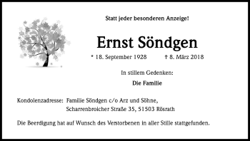 Anzeige von Ernst Söndgen von Kölner Stadt-Anzeiger / Kölnische Rundschau / Express