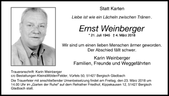 Anzeige von Ernst Weinberger von Kölner Stadt-Anzeiger / Kölnische Rundschau / Express