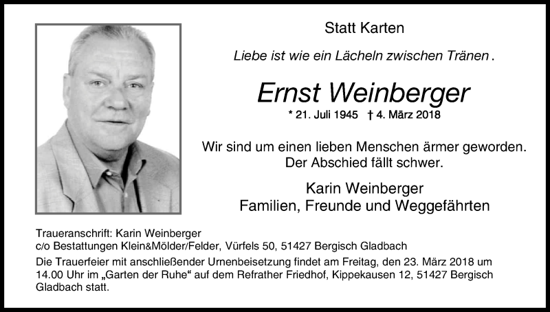  Traueranzeige für Ernst Weinberger vom 17.03.2018 aus Kölner Stadt-Anzeiger / Kölnische Rundschau / Express