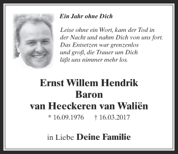 Anzeige von Ernst Willem Hendrik van Heeckeren van Waliën von  Werbepost 