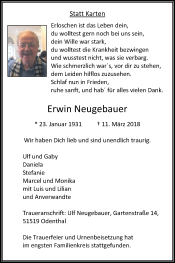 Anzeige von Erwin Neugebauer von Kölner Stadt-Anzeiger / Kölnische Rundschau / Express
