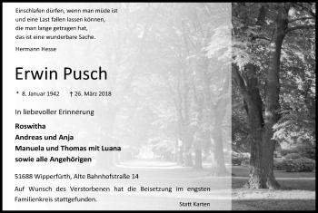 Anzeige von Erwin Pusch von Kölner Stadt-Anzeiger / Kölnische Rundschau / Express