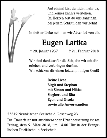 Anzeige von Eugen Lattka von Kölner Stadt-Anzeiger / Kölnische Rundschau / Express