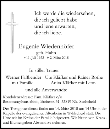Anzeige von Eugenie Wiedenhöfer von Kölner Stadt-Anzeiger / Kölnische Rundschau / Express