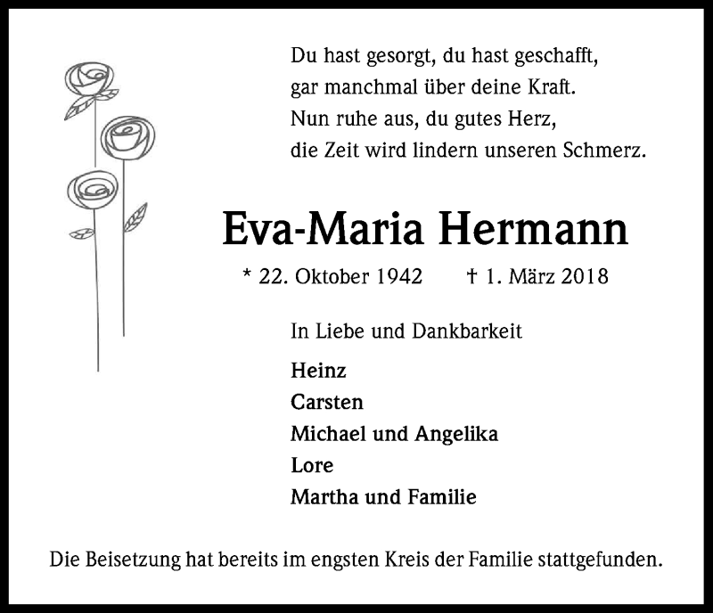  Traueranzeige für Eva-Maria Hermann vom 17.03.2018 aus Kölner Stadt-Anzeiger / Kölnische Rundschau / Express