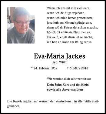 Anzeige von Eva-Maria Jackes von Kölner Stadt-Anzeiger / Kölnische Rundschau / Express