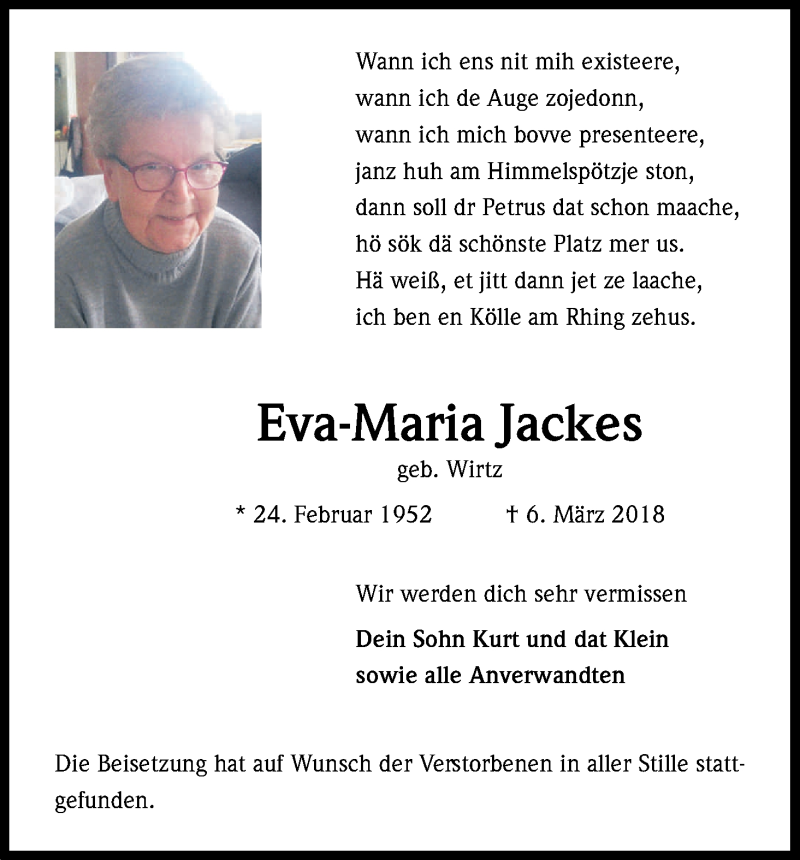  Traueranzeige für Eva-Maria Jackes vom 10.03.2018 aus Kölner Stadt-Anzeiger / Kölnische Rundschau / Express
