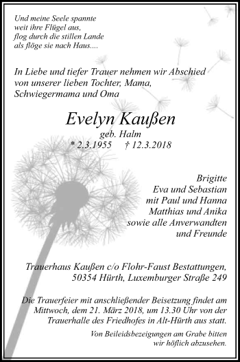 Anzeige von Evelyn Kaußen von Kölner Stadt-Anzeiger / Kölnische Rundschau / Express