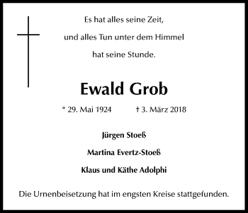 Anzeige von Ewald Grob von Kölner Stadt-Anzeiger / Kölnische Rundschau / Express