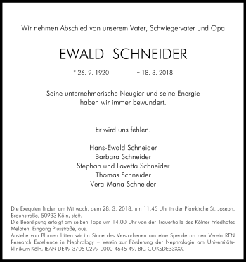 Anzeige von Ewald Schneider von Kölner Stadt-Anzeiger / Kölnische Rundschau / Express