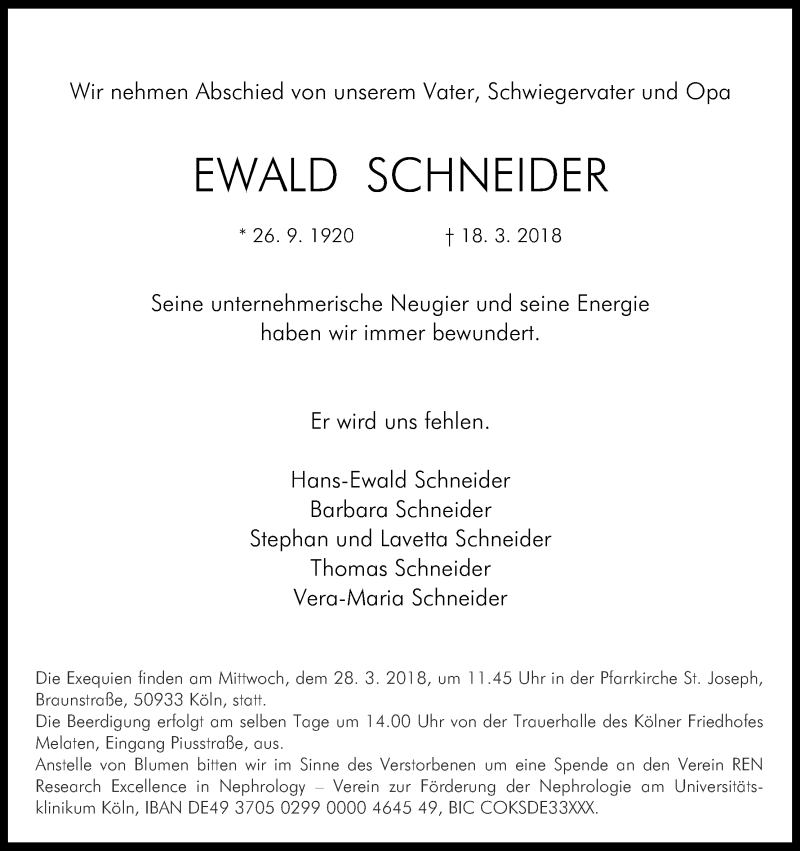  Traueranzeige für Ewald Schneider vom 24.03.2018 aus Kölner Stadt-Anzeiger / Kölnische Rundschau / Express