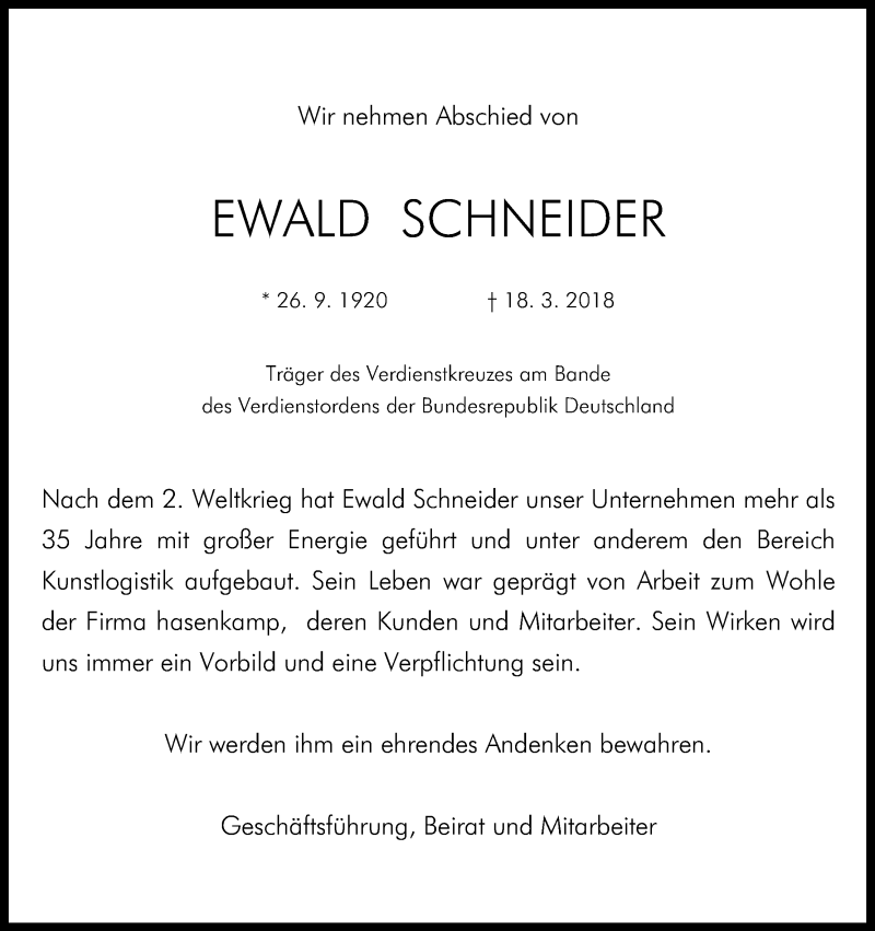  Traueranzeige für Ewald Schneider vom 24.03.2018 aus Kölner Stadt-Anzeiger / Kölnische Rundschau / Express