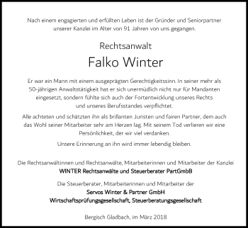 Anzeige von Falko Winter von Kölner Stadt-Anzeiger / Kölnische Rundschau / Express