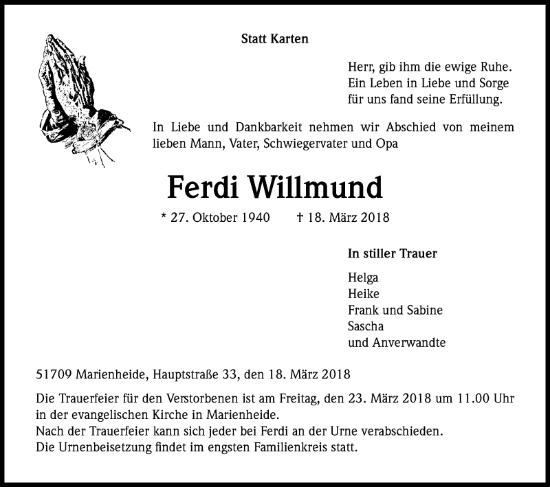  Traueranzeige für Ferdi Willmund vom 21.03.2018 aus Kölner Stadt-Anzeiger / Kölnische Rundschau / Express