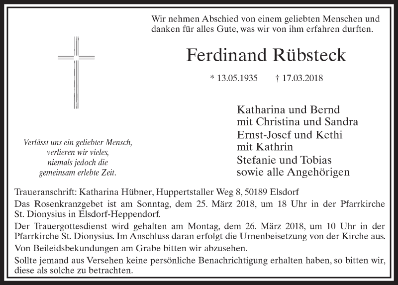  Traueranzeige für Ferdinand Rübsteck vom 24.03.2018 aus  Sonntags-Post 