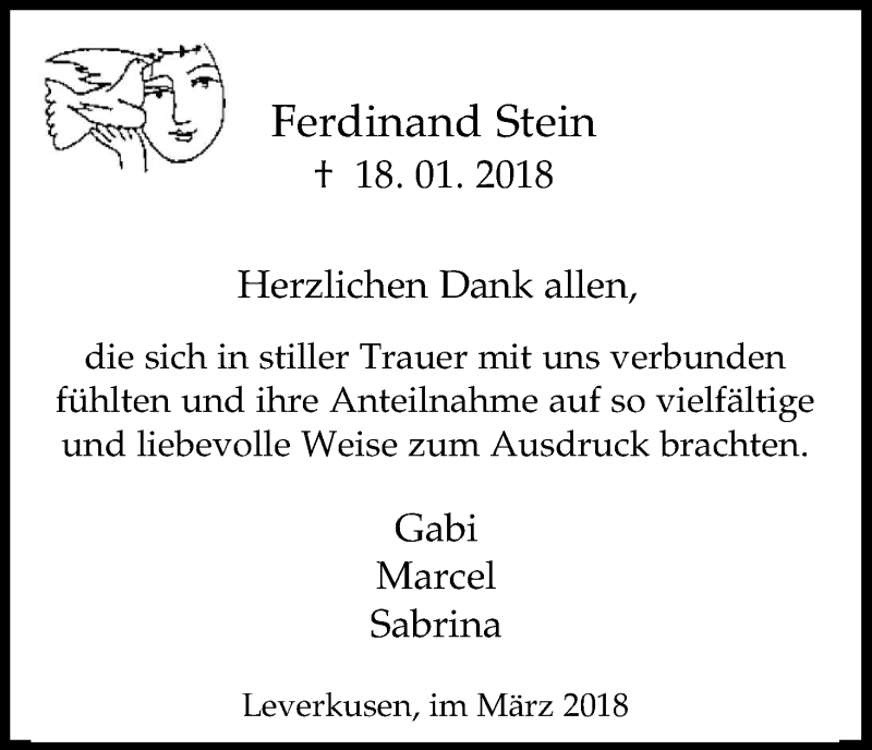  Traueranzeige für Ferdinand Stein vom 17.03.2018 aus Kölner Stadt-Anzeiger / Kölnische Rundschau / Express