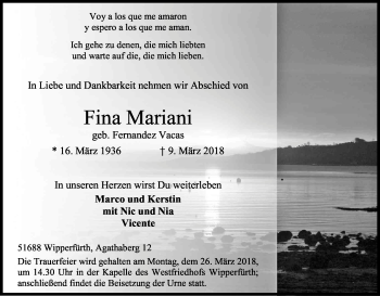 Anzeige von Fina Mariani von Kölner Stadt-Anzeiger / Kölnische Rundschau / Express