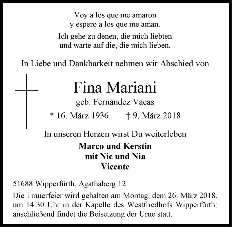  Traueranzeige für Fina Mariani vom 21.03.2018 aus  Anzeigen Echo 