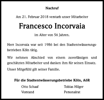 Anzeige von Francesco Incorvaia von Kölner Stadt-Anzeiger / Kölnische Rundschau / Express